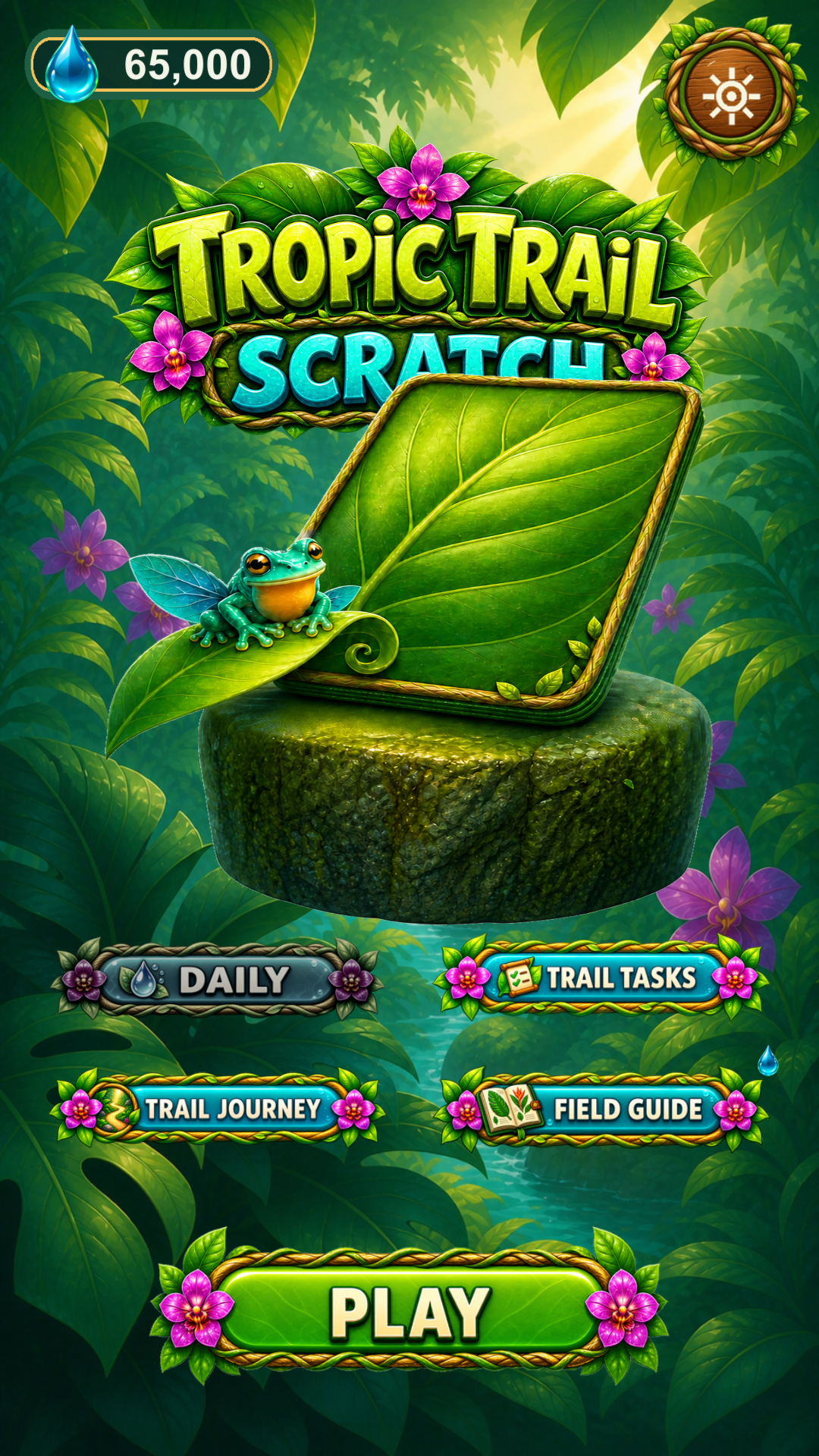 Tropic Trail Scratch home screen with rainforest trail card